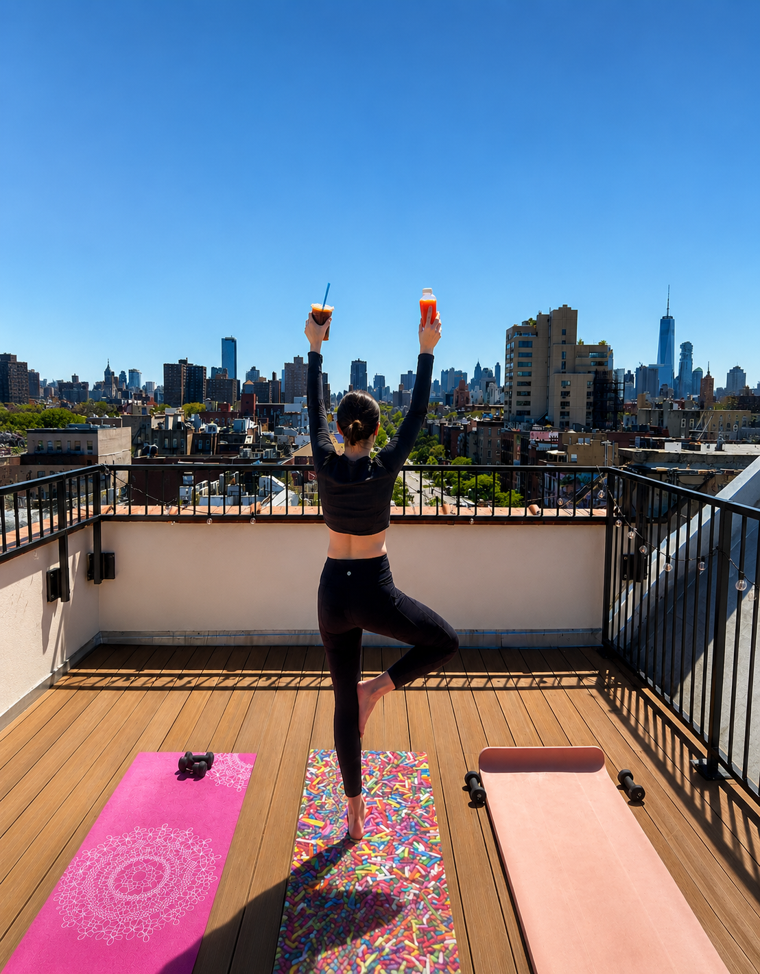 Women practicing barre on a NYC rooftop with skyline behind